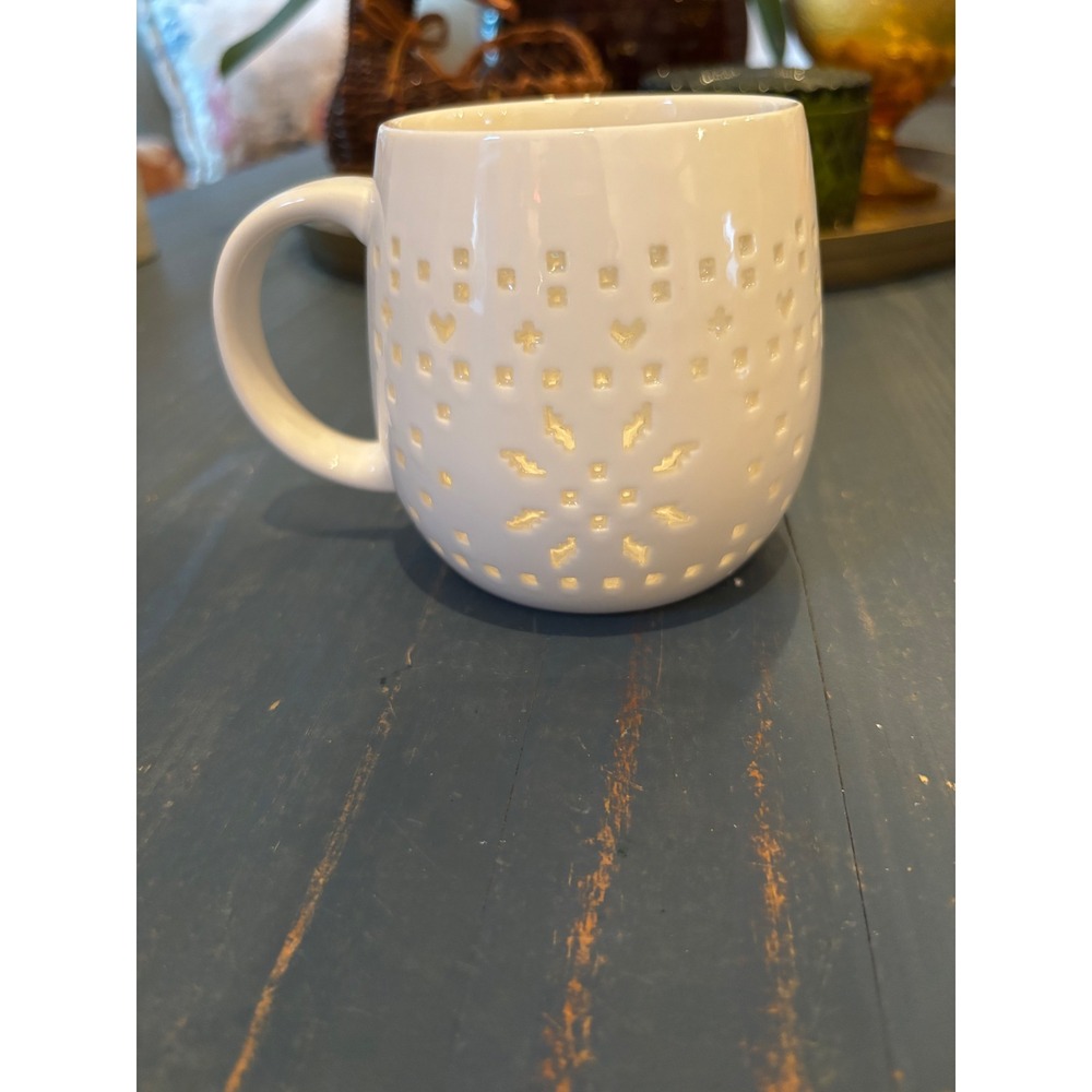World Market White Ceramic Pierced Snowflake Star Coffee Mug Holiday Cup